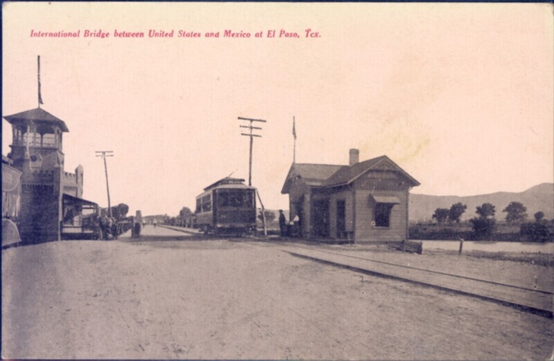 Postcard depicting trolley at the US Customs Inspection checkpoint as it crosses international bridge