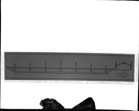 Concrete and steel bridge design with arches and intended placements featuring statues of prominent Mexican and US men